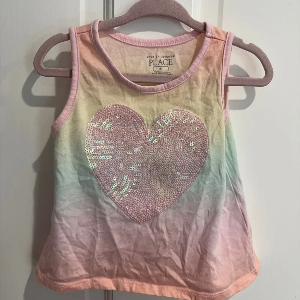 NWOT 2T Girls The Children's Place Pastel Rainbow Sequin Heart Tank Top Blouse
